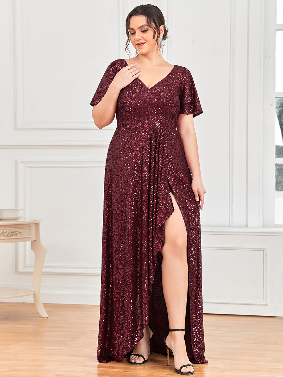 Robe de Soirée Manches Courtes Col en V Paillettes Grande Taille #Couleur_Bordeaux Robe de Soirée Manches Courtes Col en V Paillettes Grande Taille