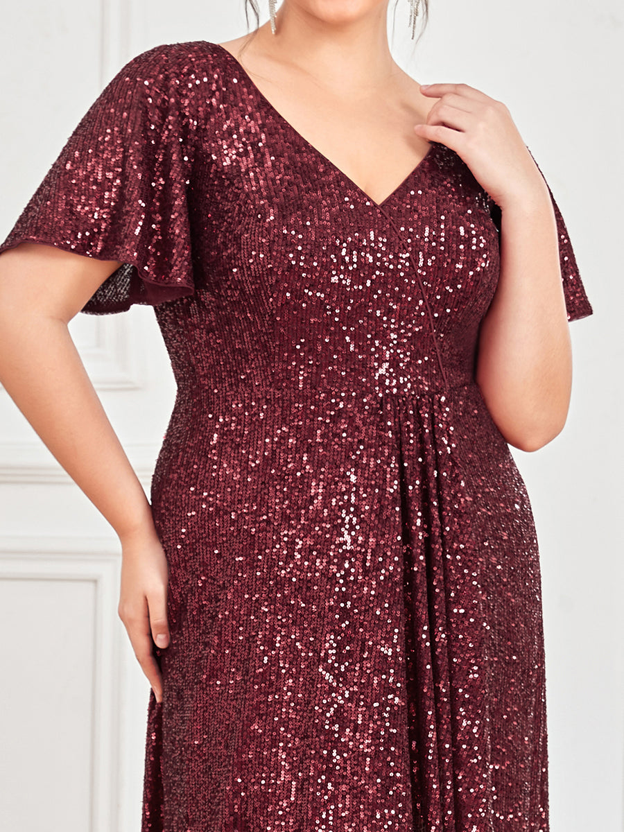 Robe de Soirée Manches Courtes Col en V Paillettes Grande Taille #Couleur_Bordeaux Robe de Soirée Manches Courtes Col en V Paillettes Grande Taille