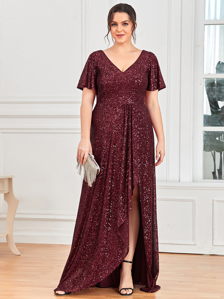 Robe de Soirée Manches Courtes Col en V Paillettes Grande Taille #Couleur_Bordeaux Robe de Soirée Manches Courtes Col en V Paillettes Grande Taille
