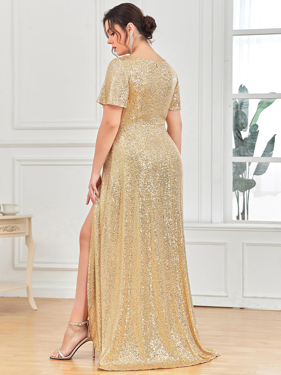 Robe de Soirée Manches Courtes Col en V Paillettes Grande Taille #Couleur_Bordeaux Robe de Soirée Manches Courtes Col en V Paillettes Grande Taille