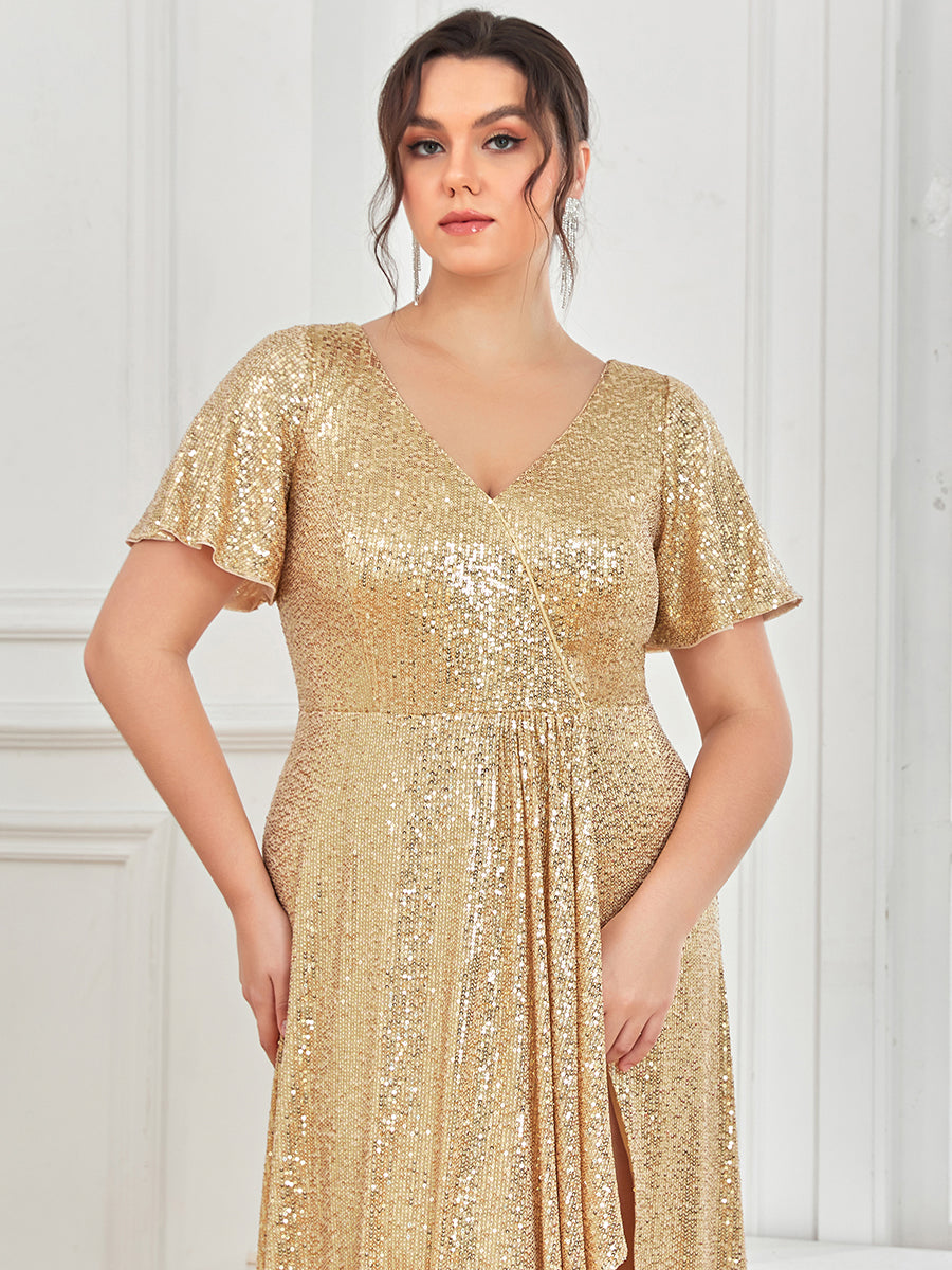 Robe de Soirée Manches Courtes Col en V Paillettes Grande Taille #Couleur_Bordeaux Robe de Soirée Manches Courtes Col en V Paillettes Grande Taille