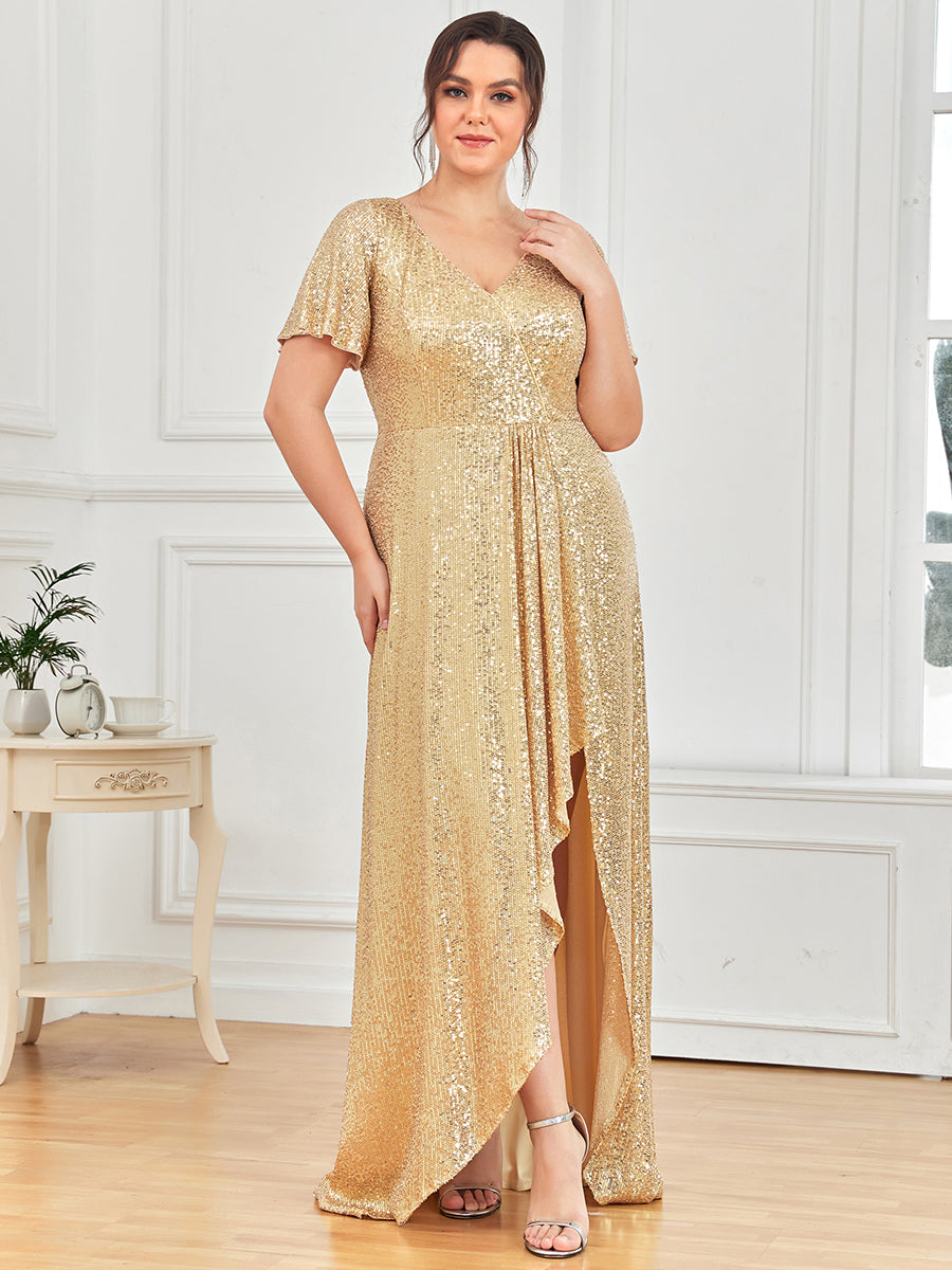 Robe de Soirée Manches Courtes Col en V Paillettes Grande Taille #Couleur_Bordeaux Robe de Soirée Manches Courtes Col en V Paillettes Grande Taille