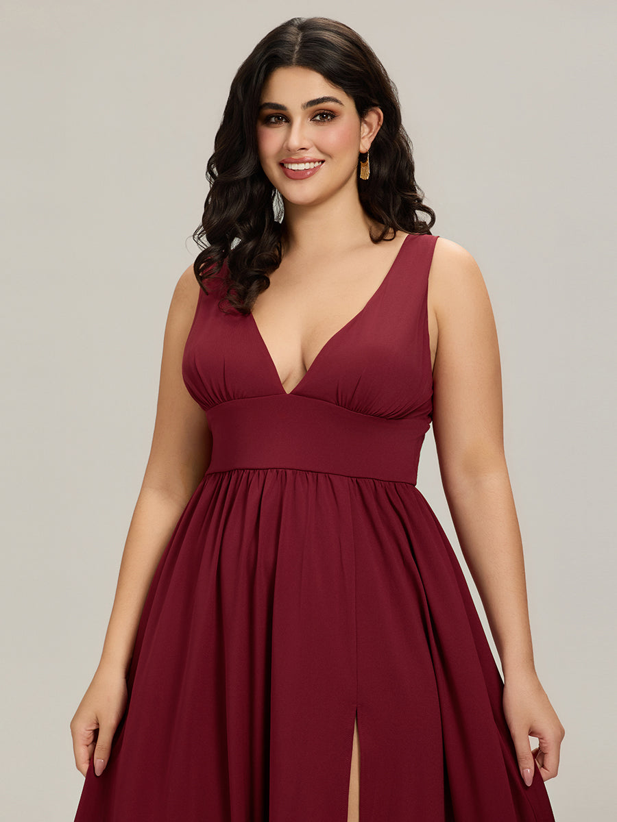 Robe de Soirée Grande Taille Sans Manches Col en V Taille Empire Fendue au Sol #Couleur_Bordeaux