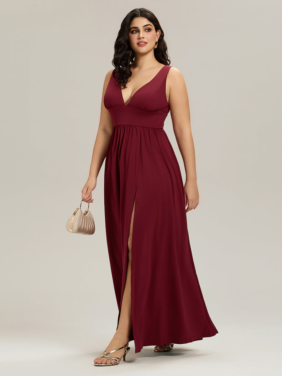 Robe de Bal Grande Taille Sans Manches Col en V Taille Empire Fendue au Sol #Couleur_Bordeaux