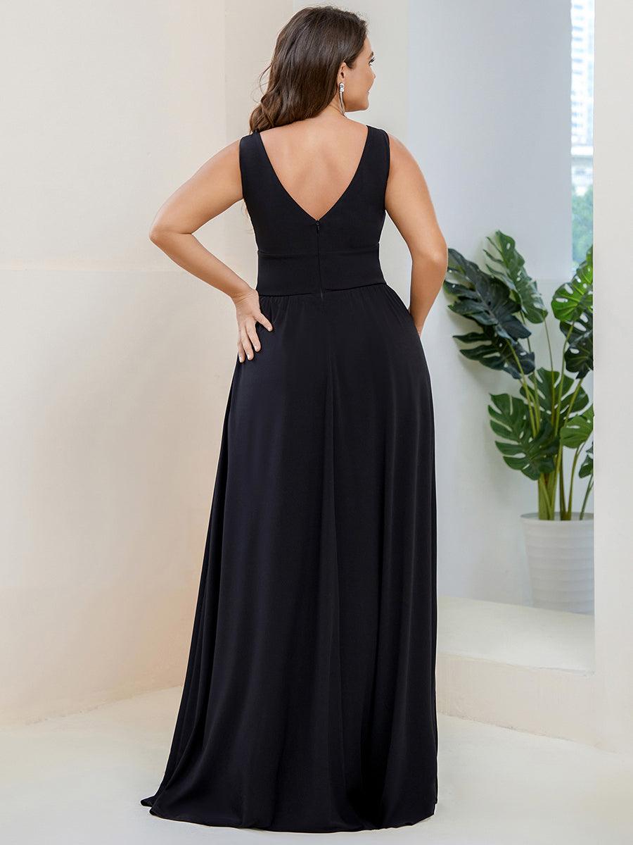 Robe de Soirée Grande Taille Sans Manches Col en V Taille Empire Fendue au Sol #Couleur_Noir
