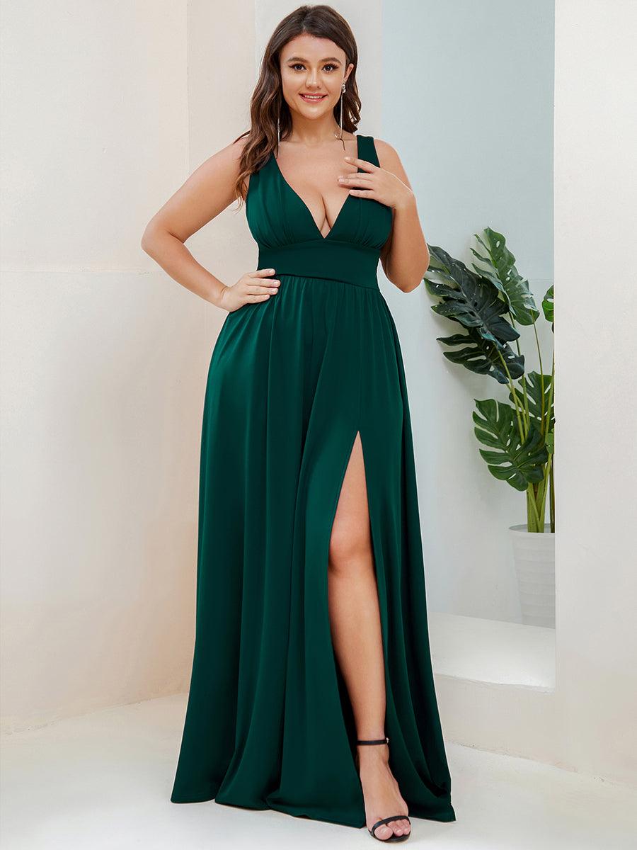 Robe de Bal Grande Taille Sans Manches Col en V Taille Empire Fendue au Sol #Couleur_Vert Fonce