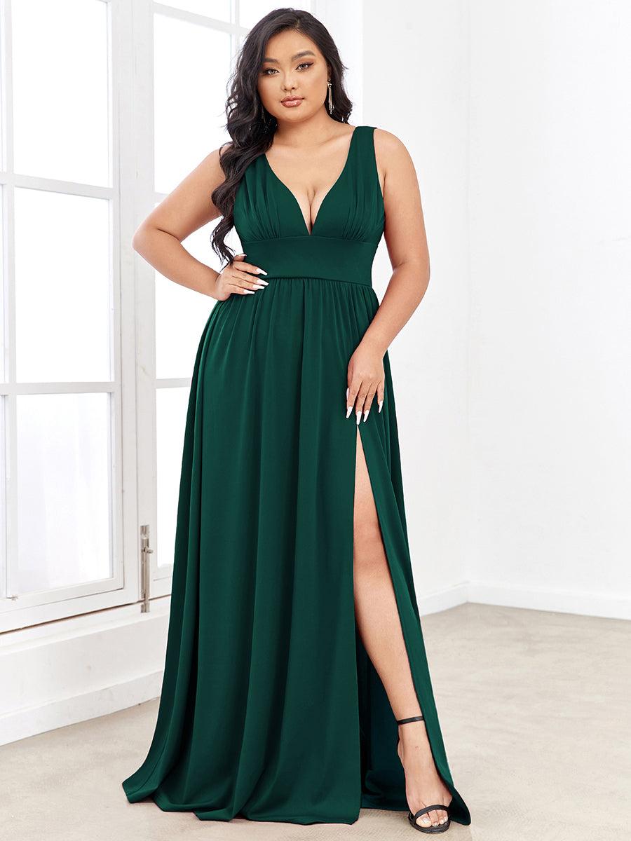 Robe de Soirée Grande Taille Sans Manches Col en V Taille Empire Fendue au Sol #Couleur_Vert Fonce