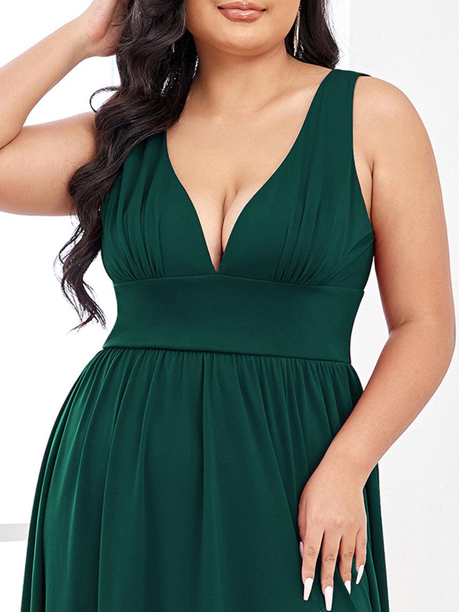 Robe de Soirée Grande Taille Sans Manches Col en V Taille Empire Fendue au Sol #Couleur_Vert Fonce