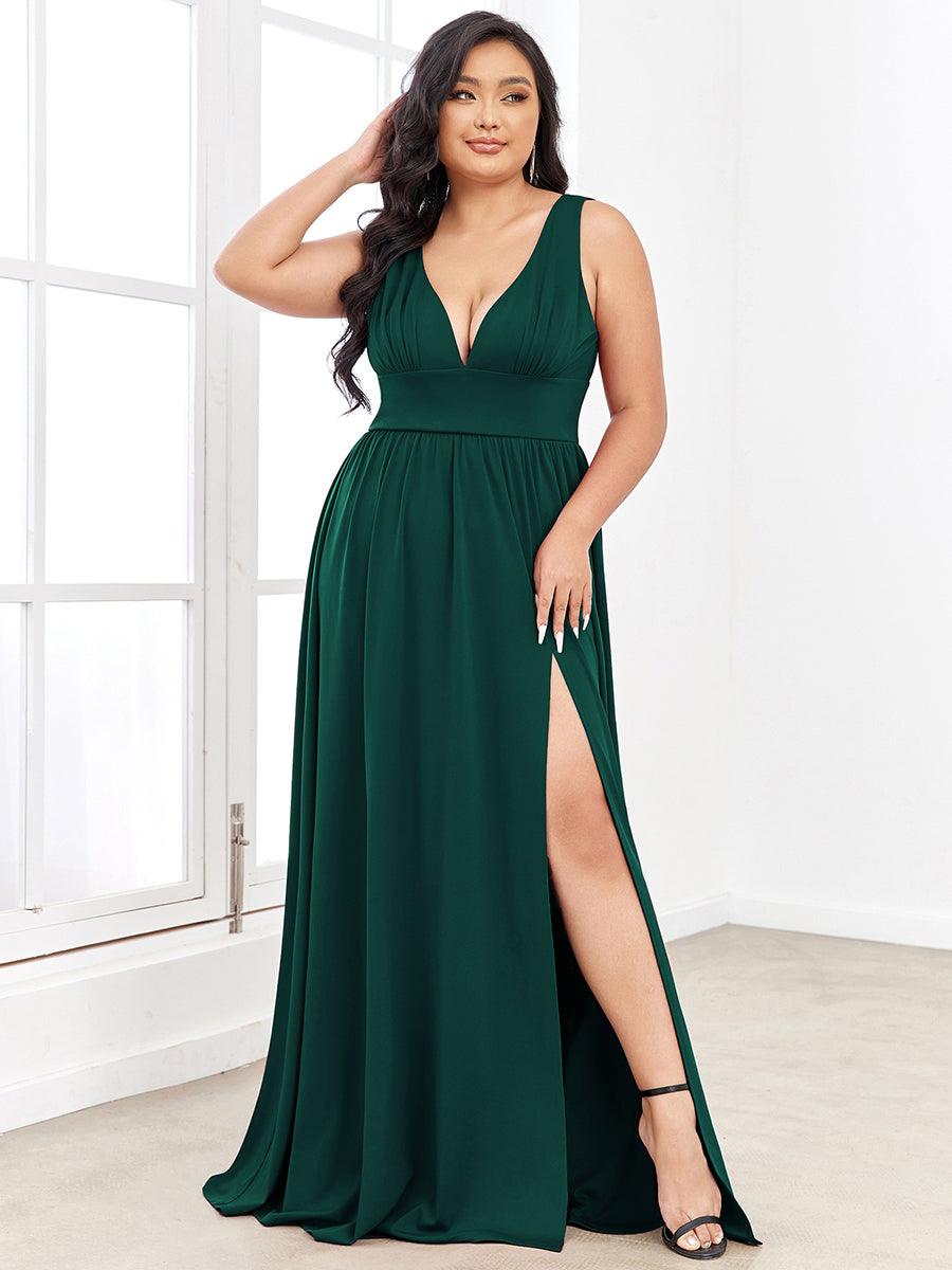 Robe de Soirée Grande Taille Sans Manches Col en V Taille Empire Fendue au Sol #Couleur_Vert Fonce