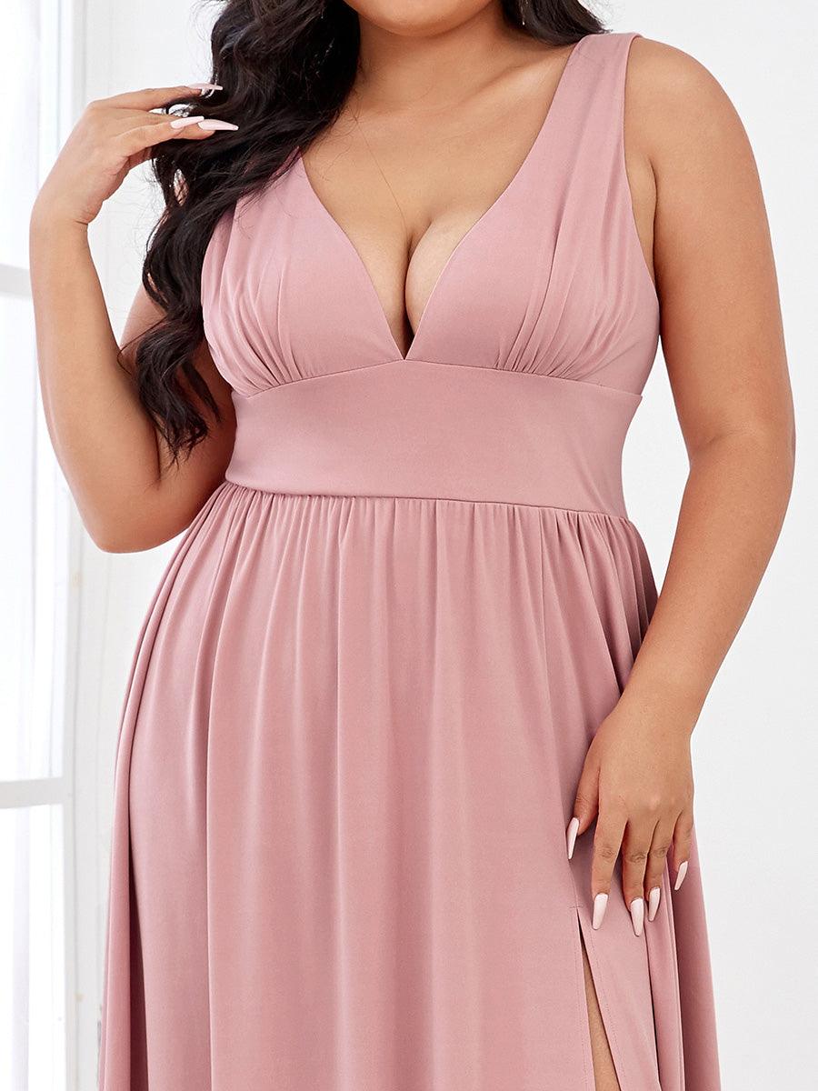 Robe de Soirée Grande Taille Sans Manches Col en V Taille Empire Fendue au Sol #Couleur_Rose fumee