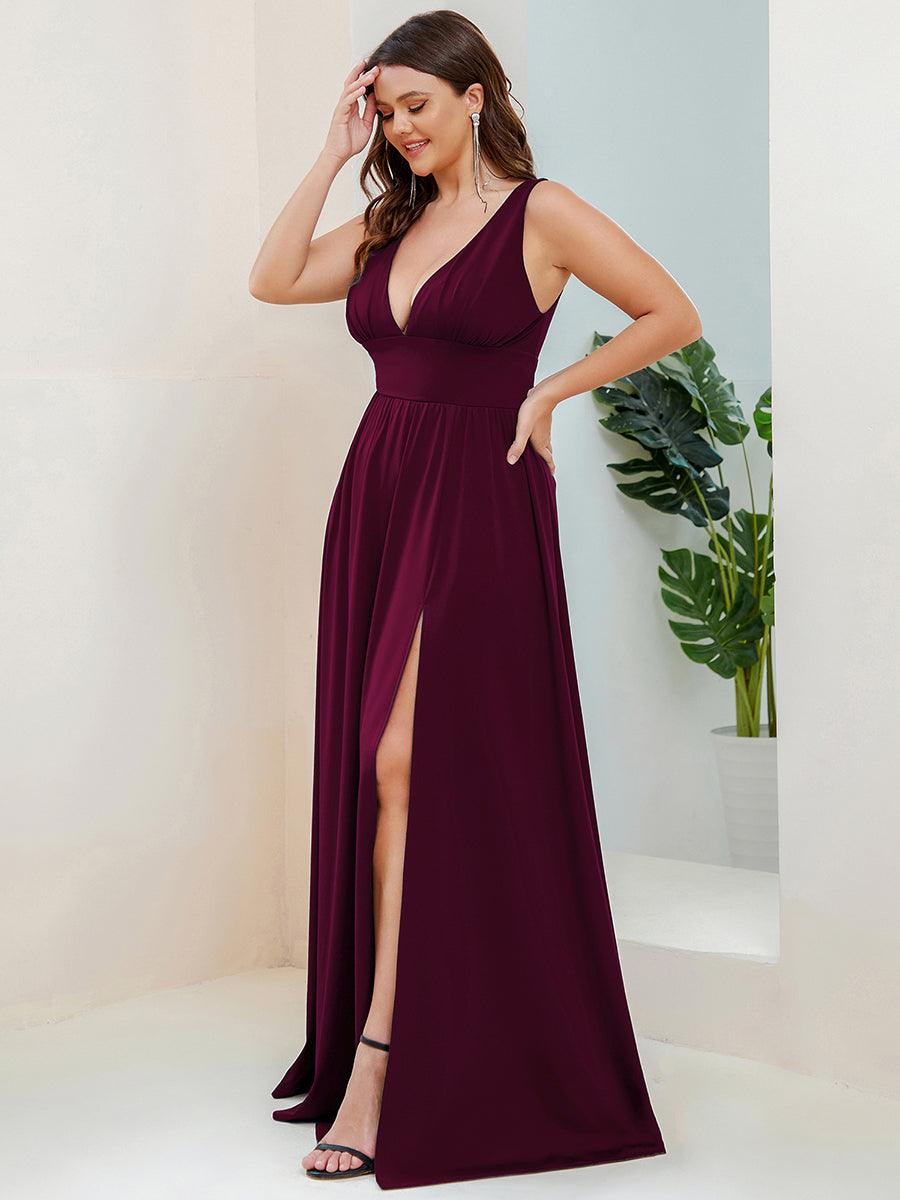 Robe de Bal Grande Taille Sans Manches Col en V Taille Empire Fendue au Sol #Couleur_Pourpre