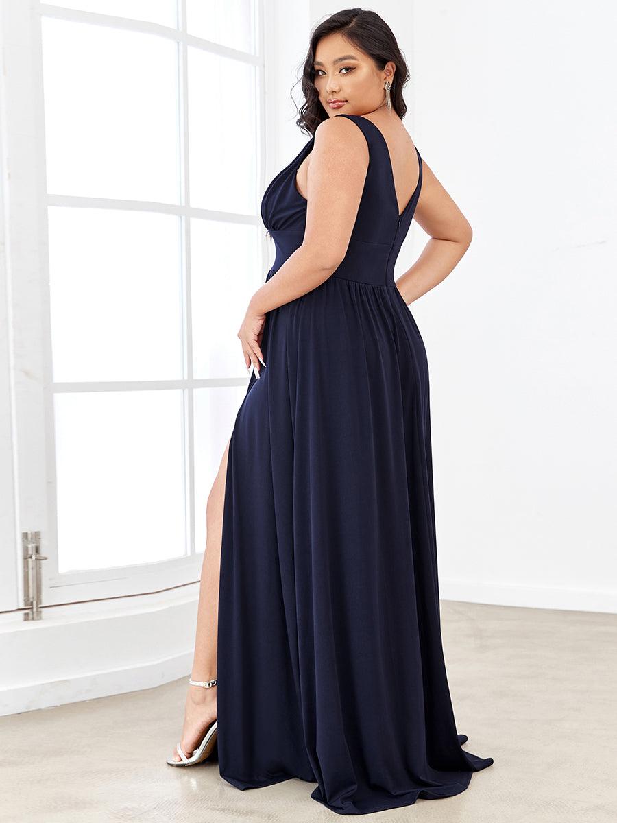 Robe de Soirée Grande Taille Sans Manches Col en V Taille Empire Fendue au Sol #Couleur_Bleu Marine