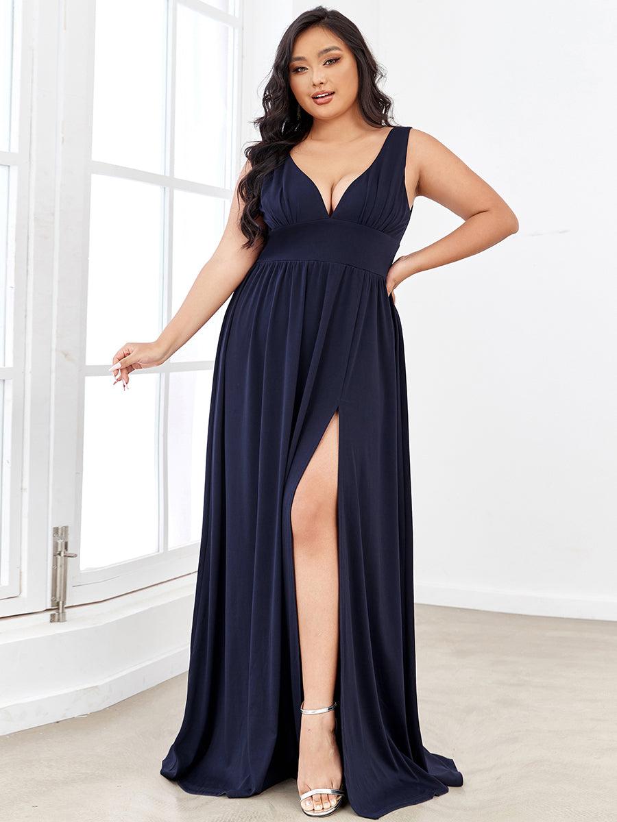 Robe de Soirée Grande Taille Sans Manches Col en V Taille Empire Fendue au Sol #Couleur_Bleu Marine