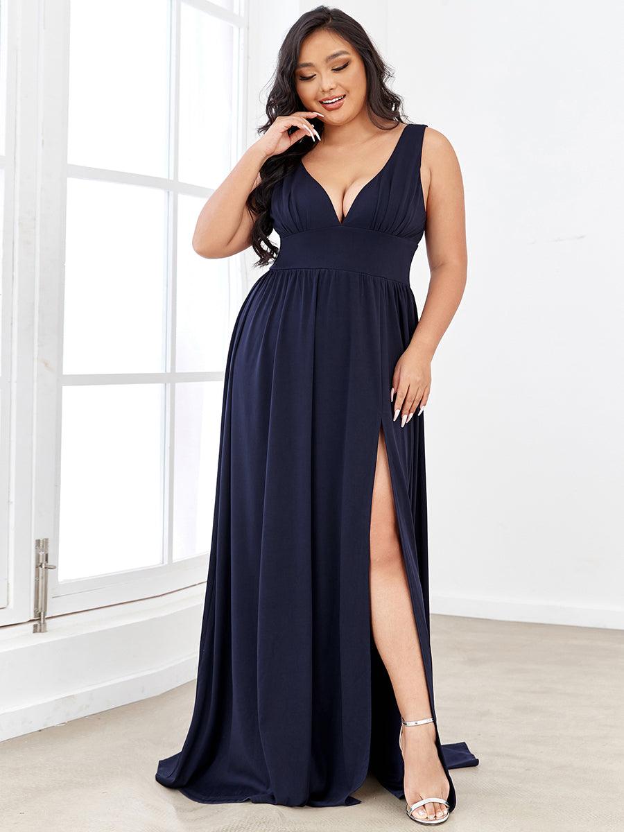 Robe de Soirée Grande Taille Sans Manches Col en V Taille Empire Fendue au Sol #Couleur_Bleu Marine