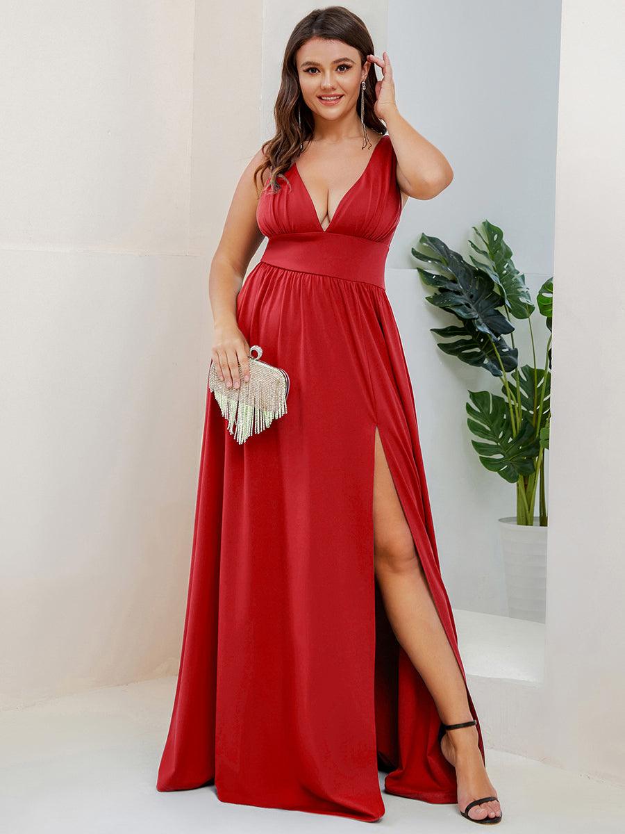 Robe de Soirée Grande Taille Sans Manches Col en V Taille Empire Fendue au Sol #Couleur_Rouge