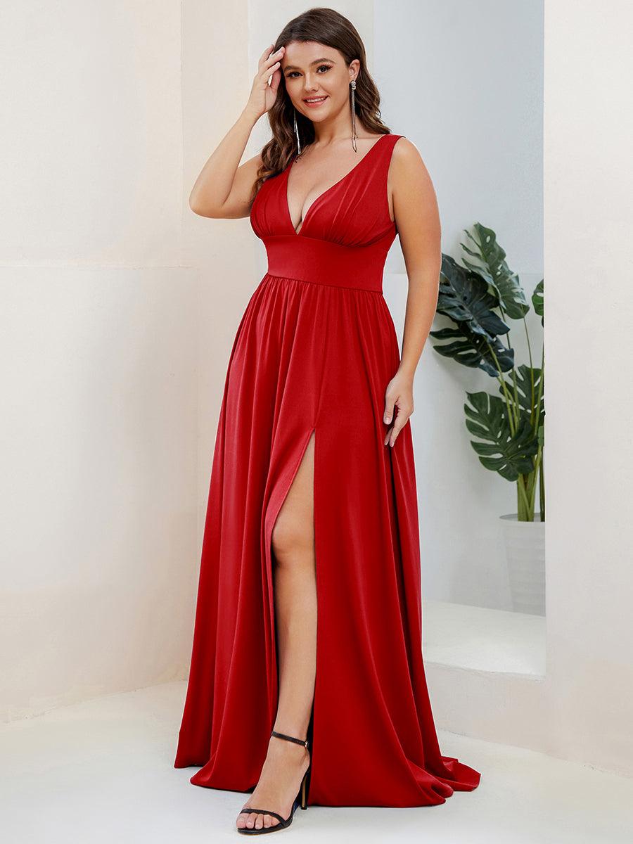 Robe de Soirée Grande Taille Sans Manches Col en V Taille Empire Fendue au Sol #Couleur_Rouge