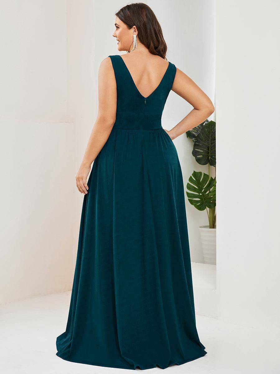 Robe de Soirée Grande Taille Sans Manches Col en V Taille Empire Fendue au Sol #Couleur_Bleu Sarcelle