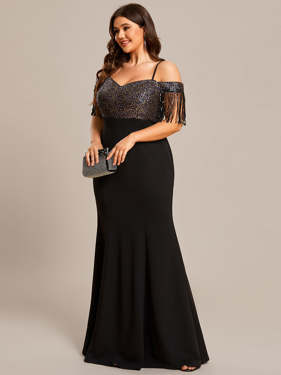 Robe de Soirée Manches Courtes à Franges Grande Taille Bretelles fines #Couleur_Noir Robe de Soirée Manches Courtes à Franges Grande Taille Bretelles fines