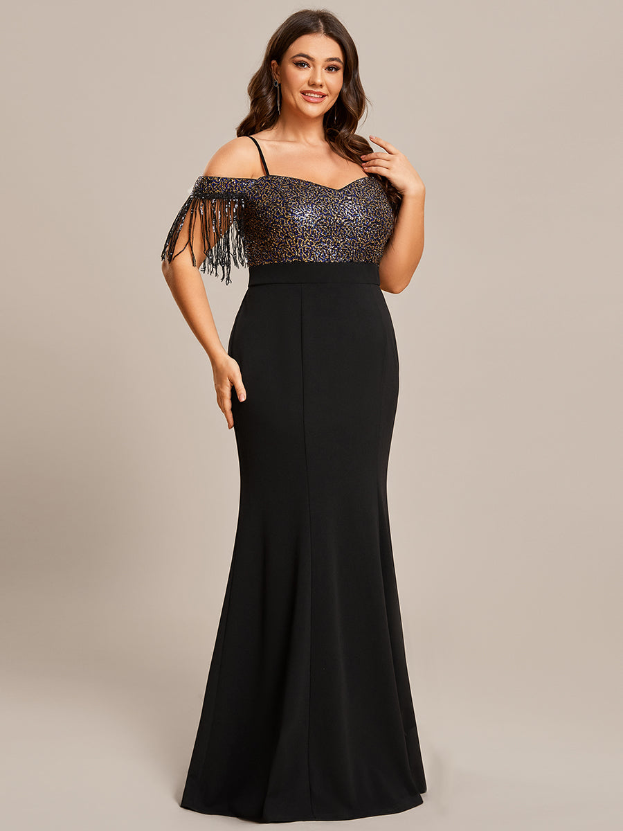 Robe de Soirée Manches Courtes à Franges Grande Taille Bretelles fines #Couleur_Noir Robe de Soirée Manches Courtes à Franges Grande Taille Bretelles fines