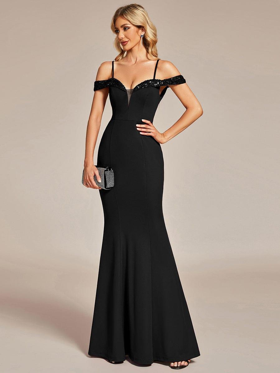 Robe de soirée élégante à manches à paillettes Bretelles Fines #Couleur_Noir Robe de soirée élégante à manches à paillettes Bretelles Fines