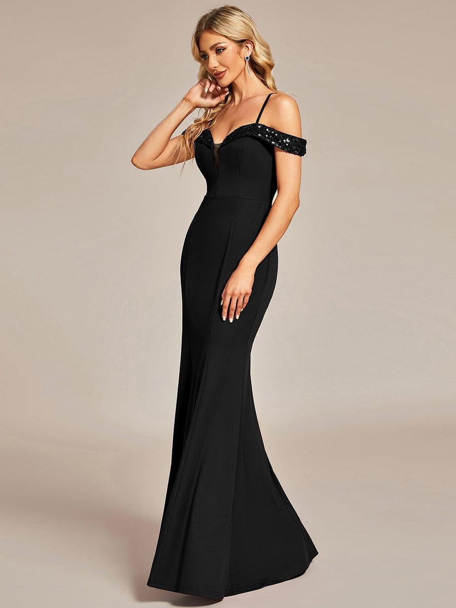 Robe de soirée élégante à manches à paillettes Bretelles Fines #Couleur_Noir Robe de soirée élégante à manches à paillettes Bretelles Fines