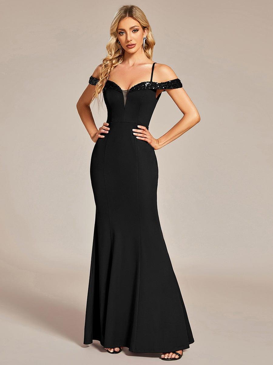 Robe de soirée élégante à manches à paillettes Bretelles Fines #Couleur_Noir Robe de soirée élégante à manches à paillettes Bretelles Fines