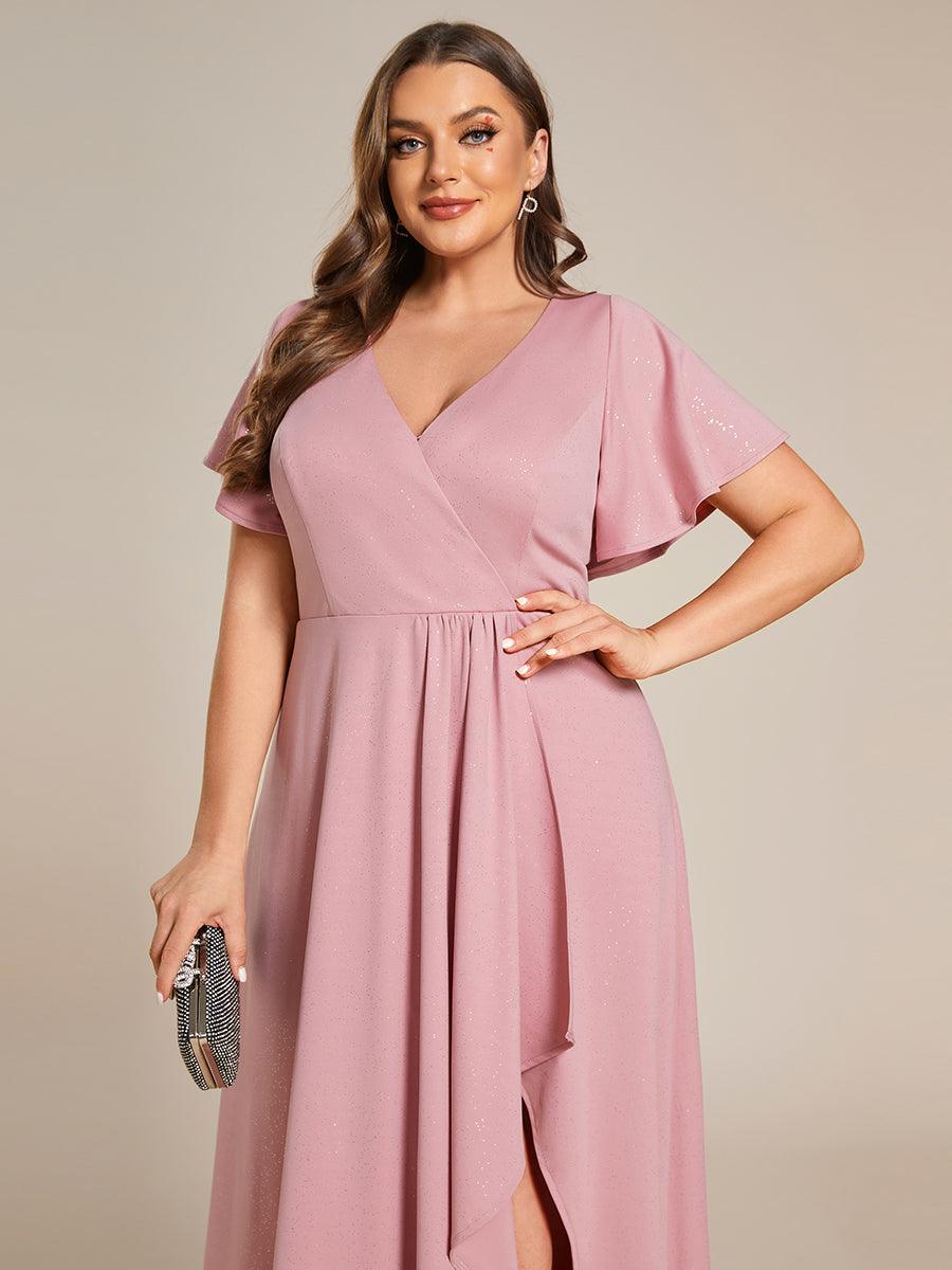Robe de Soirée élégante à paillettes décolleté en V profond Grande taille #Couleur_Rose Fumee