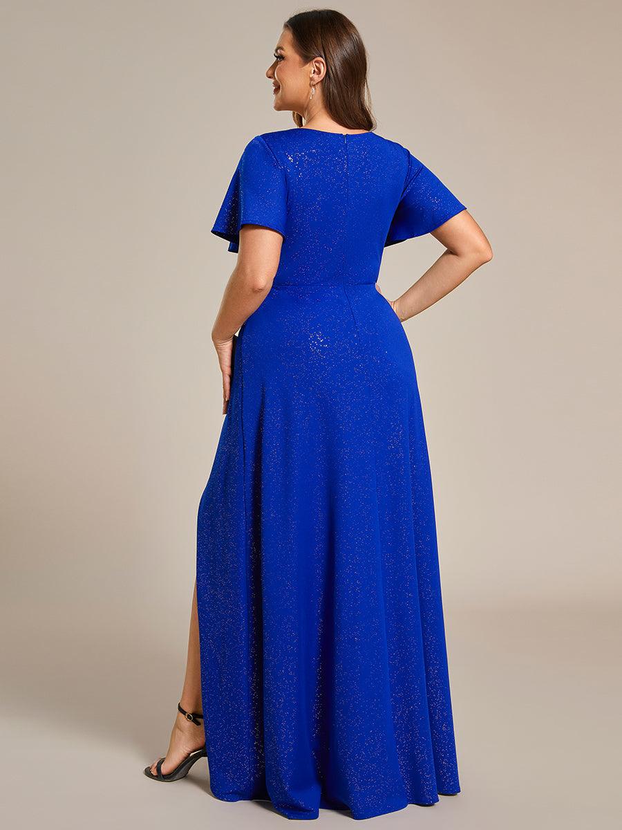 Robe de Soirée élégante à paillettes décolleté en V profond Grande taille #Couleur_Bleu Saphir