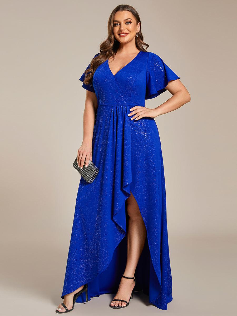 Robe de Soirée élégante à paillettes décolleté en V profond Grande taille #Couleur_Bleu Saphir