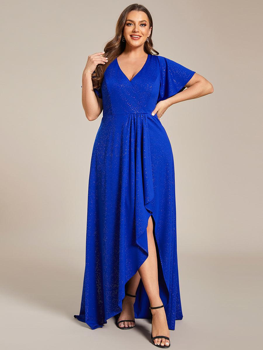 Robe de Soirée élégante à paillettes décolleté en V profond Grande taille #Couleur_Bleu Saphir