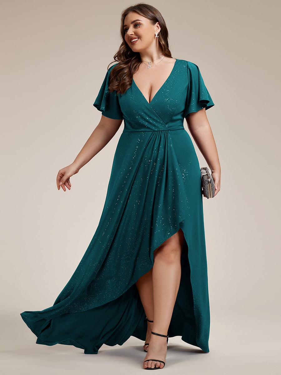 Robe de Soirée élégante à paillettes décolleté en V profond Grande taille #Couleur_Bleu Sarcelle