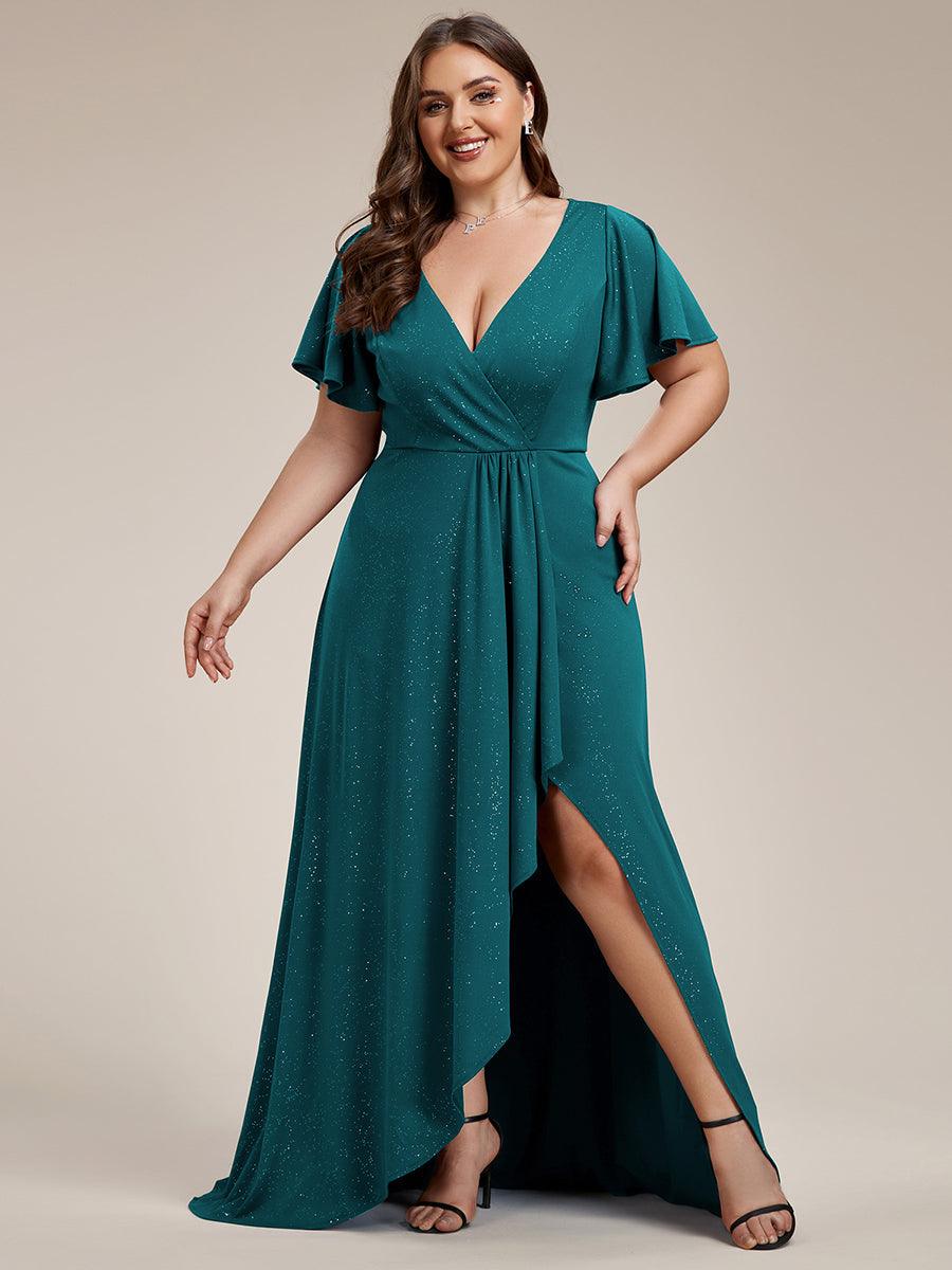Robe de Soirée élégante à paillettes décolleté en V profond Grande taille #Couleur_Bleu Sarcelle