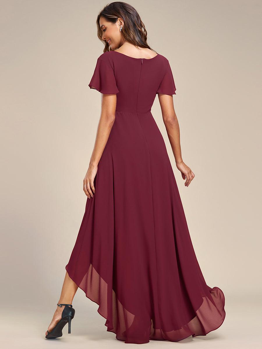 Robe de Soirée mousseline Manches volantées col en V ourlet Haute-basse #Couleur_Rose Robe de Soirée mousseline Manches volantées col en V ourlet Haute-basse