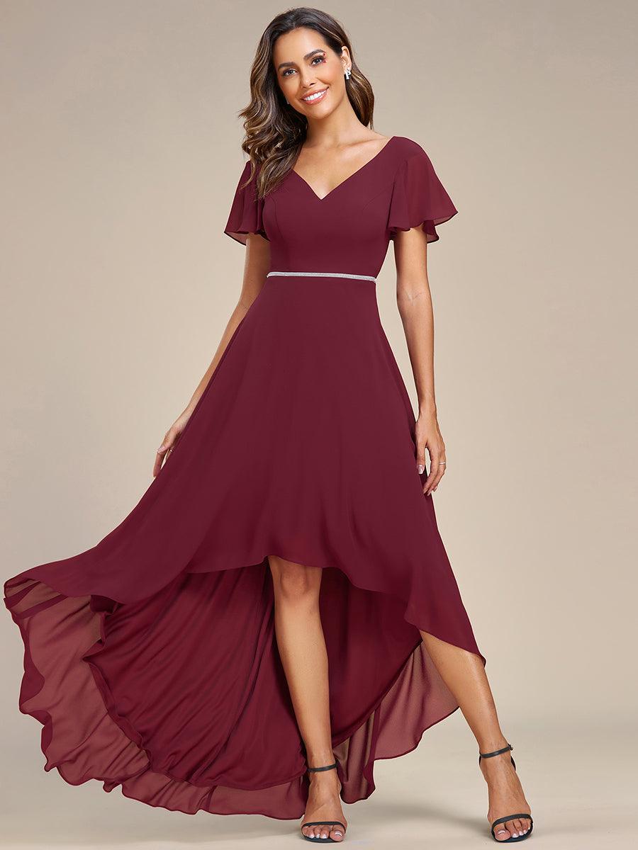 Robe de Soirée mousseline Manches volantées col en V ourlet Haute-basse #Couleur_Rose Robe de Soirée mousseline Manches volantées col en V ourlet Haute-basse