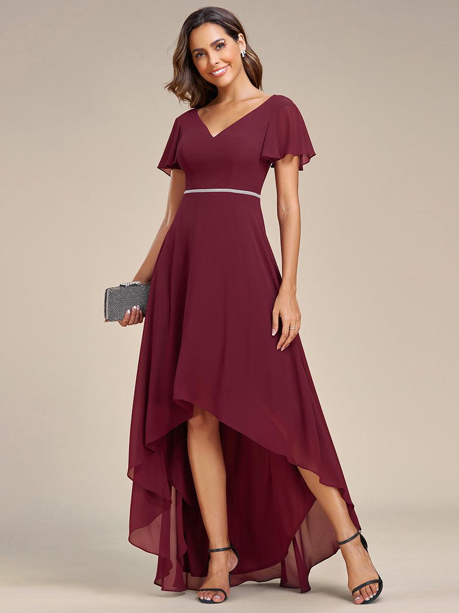 Robe de Soirée mousseline Manches volantées col en V ourlet Haute-basse #Couleur_Rose Robe de Soirée mousseline Manches volantées col en V ourlet Haute-basse