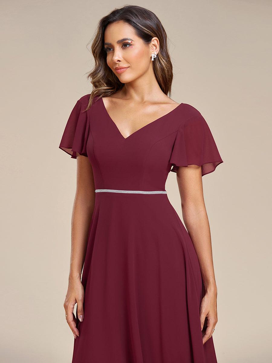 Robe de Soirée mousseline Manches volantées col en V ourlet Haute-basse #Couleur_Rose Robe de Soirée mousseline Manches volantées col en V ourlet Haute-basse