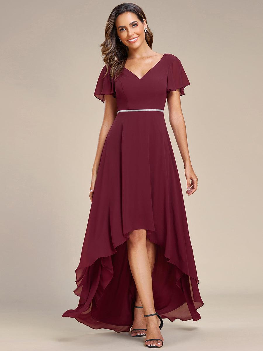 Robe de Soirée mousseline Manches volantées col en V ourlet Haute-basse #Couleur_Rose Robe de Soirée mousseline Manches volantées col en V ourlet Haute-basse