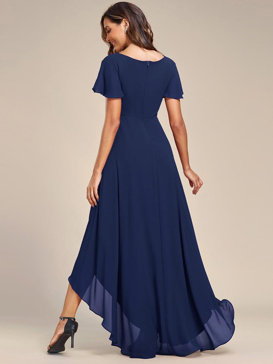Robe de Soirée mousseline Manches volantées col en V ourlet Haute-basse #Couleur_Rose Robe de Soirée mousseline Manches volantées col en V ourlet Haute-basse