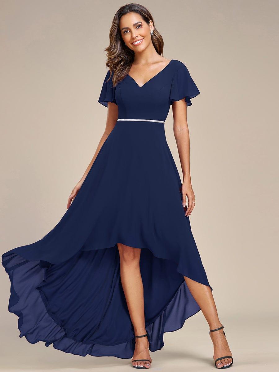 Robe de Soirée mousseline Manches volantées col en V ourlet Haute-basse #Couleur_Rose Robe de Soirée mousseline Manches volantées col en V ourlet Haute-basse