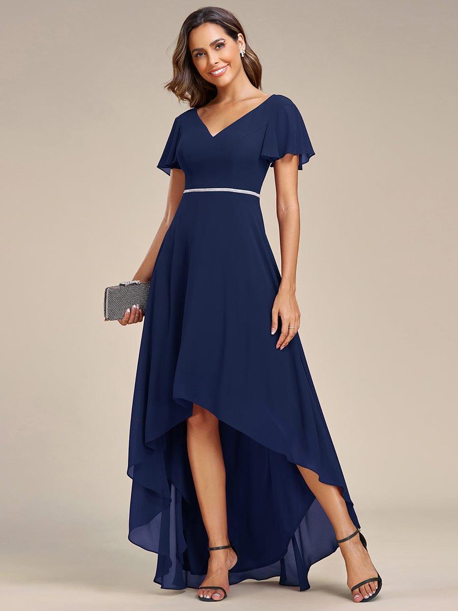 Robe de Soirée mousseline Manches volantées col en V ourlet Haute-basse #Couleur_Rose Robe de Soirée mousseline Manches volantées col en V ourlet Haute-basse