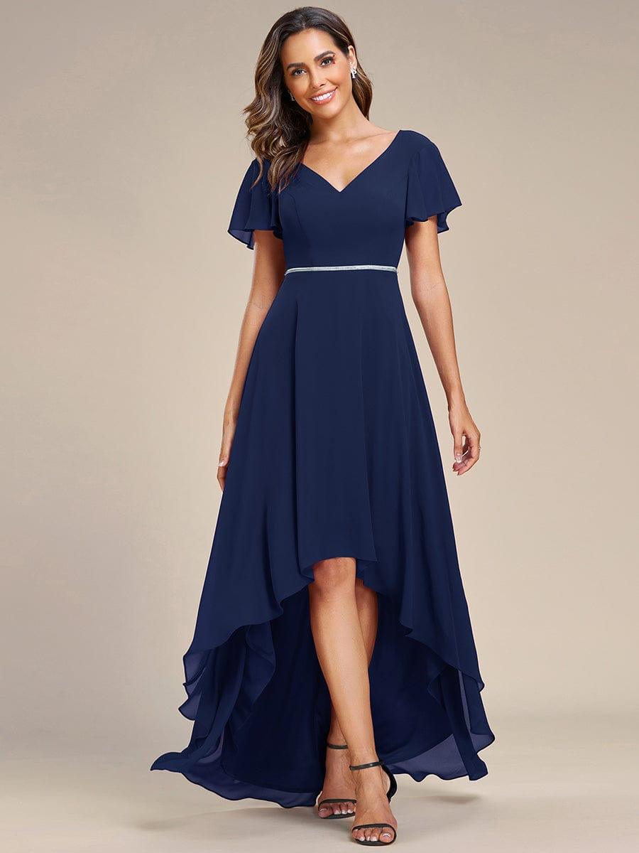 Robe de Soirée mousseline Manches volantées col en V ourlet Haute-basse #Couleur_Rose Robe de Soirée mousseline Manches volantées col en V ourlet Haute-basse