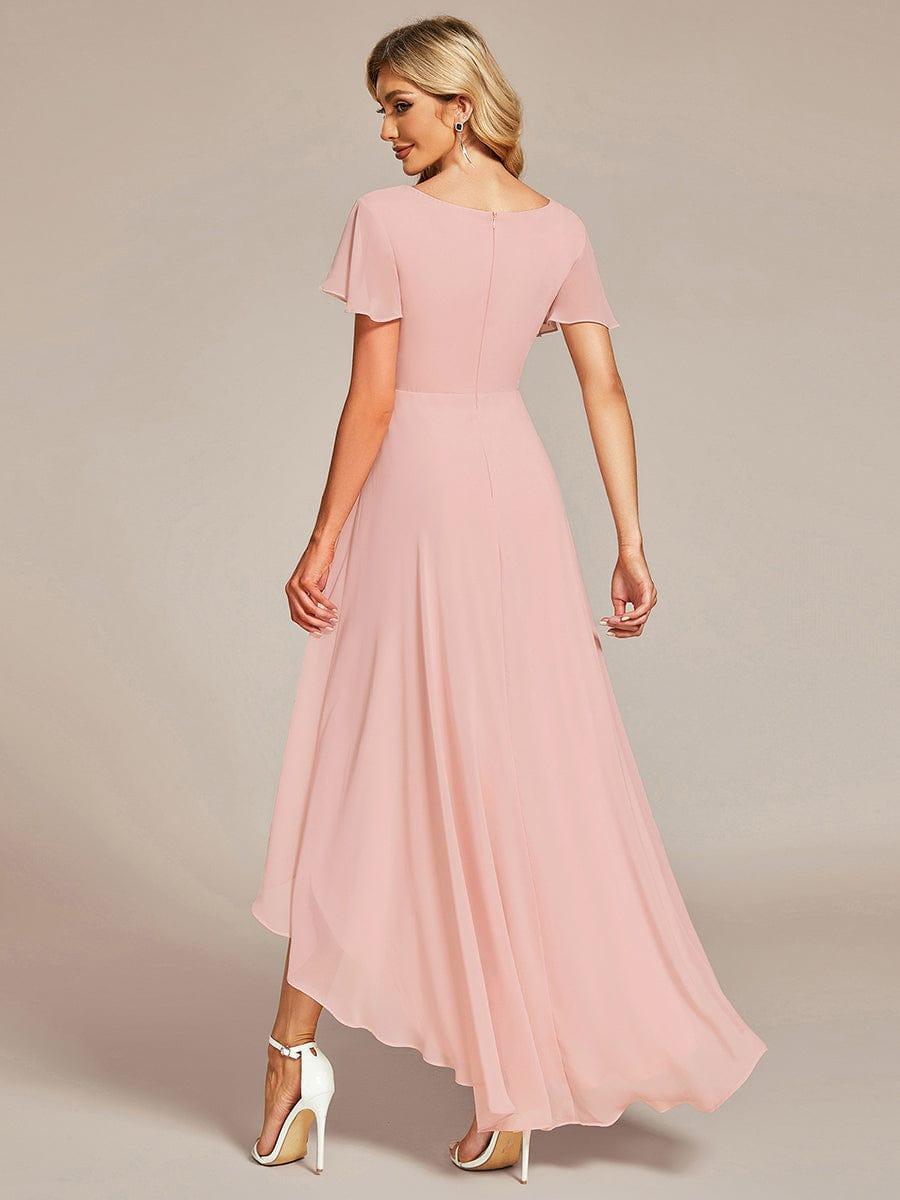 Robe de Soirée mousseline Manches volantées col en V ourlet Haute-basse #Couleur_Rose Robe de Soirée mousseline Manches volantées col en V ourlet Haute-basse