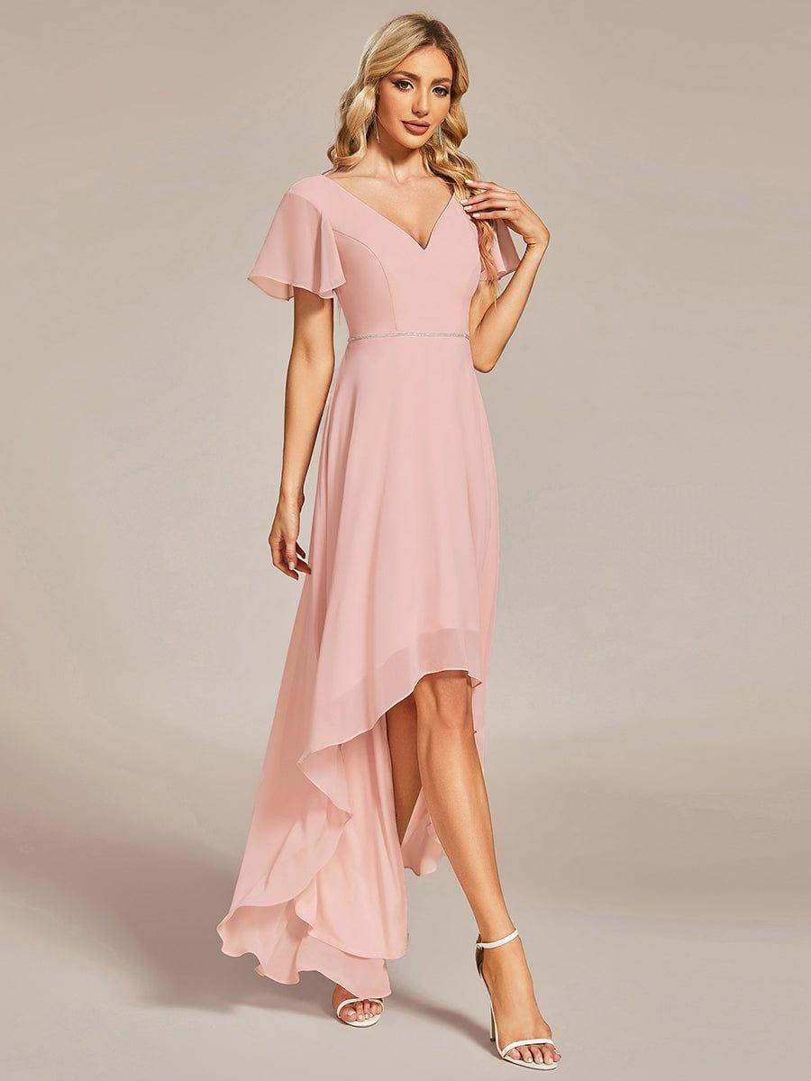 Robe de Soirée mousseline Manches volantées col en V ourlet Haute-basse #Couleur_Rose Robe de Soirée mousseline Manches volantées col en V ourlet Haute-basse