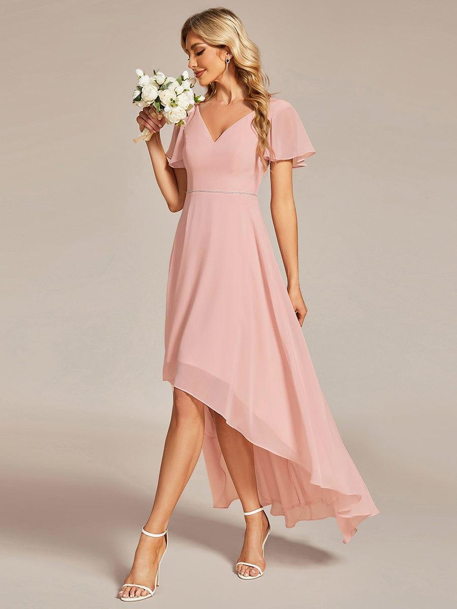 Robe de Soirée mousseline Manches volantées col en V ourlet Haute-basse #Couleur_Rose Robe de Soirée mousseline Manches volantées col en V ourlet Haute-basse