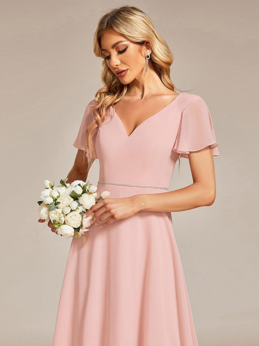 Robe de Soirée mousseline Manches volantées col en V ourlet Haute-basse #Couleur_Rose Robe de Soirée mousseline Manches volantées col en V ourlet Haute-basse
