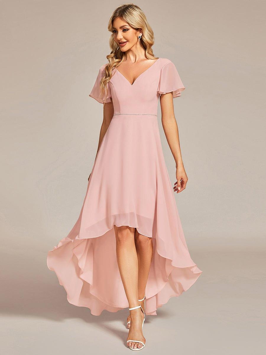 Robe de Soirée mousseline Manches volantées col en V ourlet Haute-basse #Couleur_Rose Robe de Soirée mousseline Manches volantées col en V ourlet Haute-basse