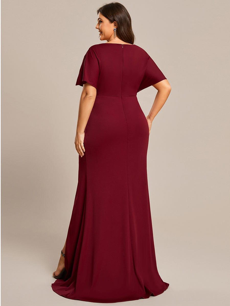 Robe de Soirée Haute Fendue à Manches Paillettes de Grande Taille #Couleur_Bordeaux Robe de Soirée Haute Fendue à Manches Paillettes de Grande Taille