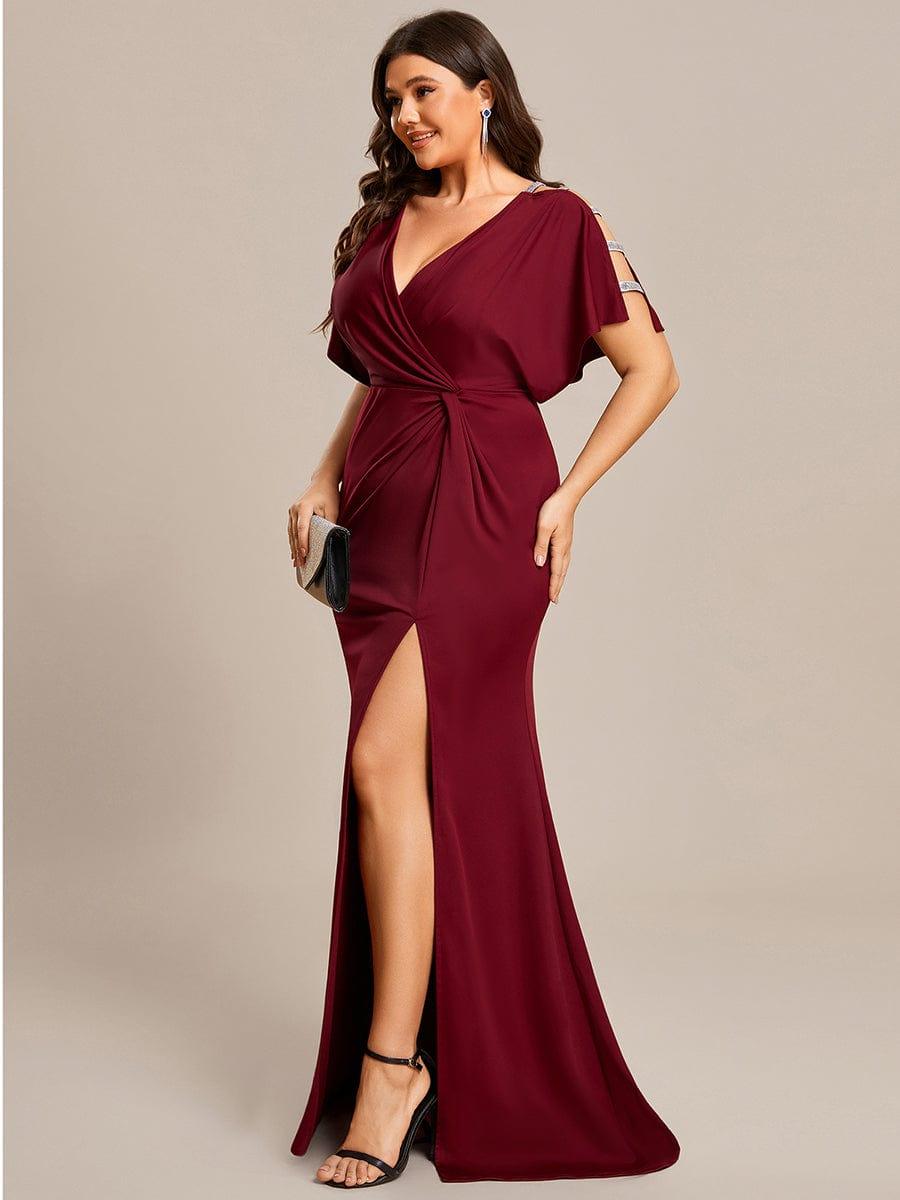 Robe de Soirée Haute Fendue à Manches Paillettes de Grande Taille #Couleur_Bordeaux Robe de Soirée Haute Fendue à Manches Paillettes de Grande Taille