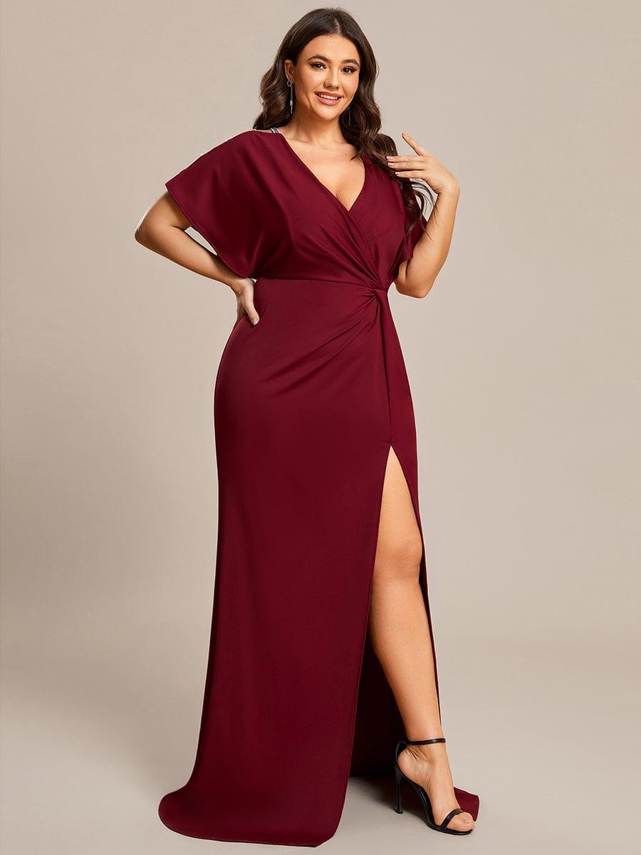 Robe de Soirée Haute Fendue à Manches Paillettes de Grande Taille #Couleur_Bordeaux