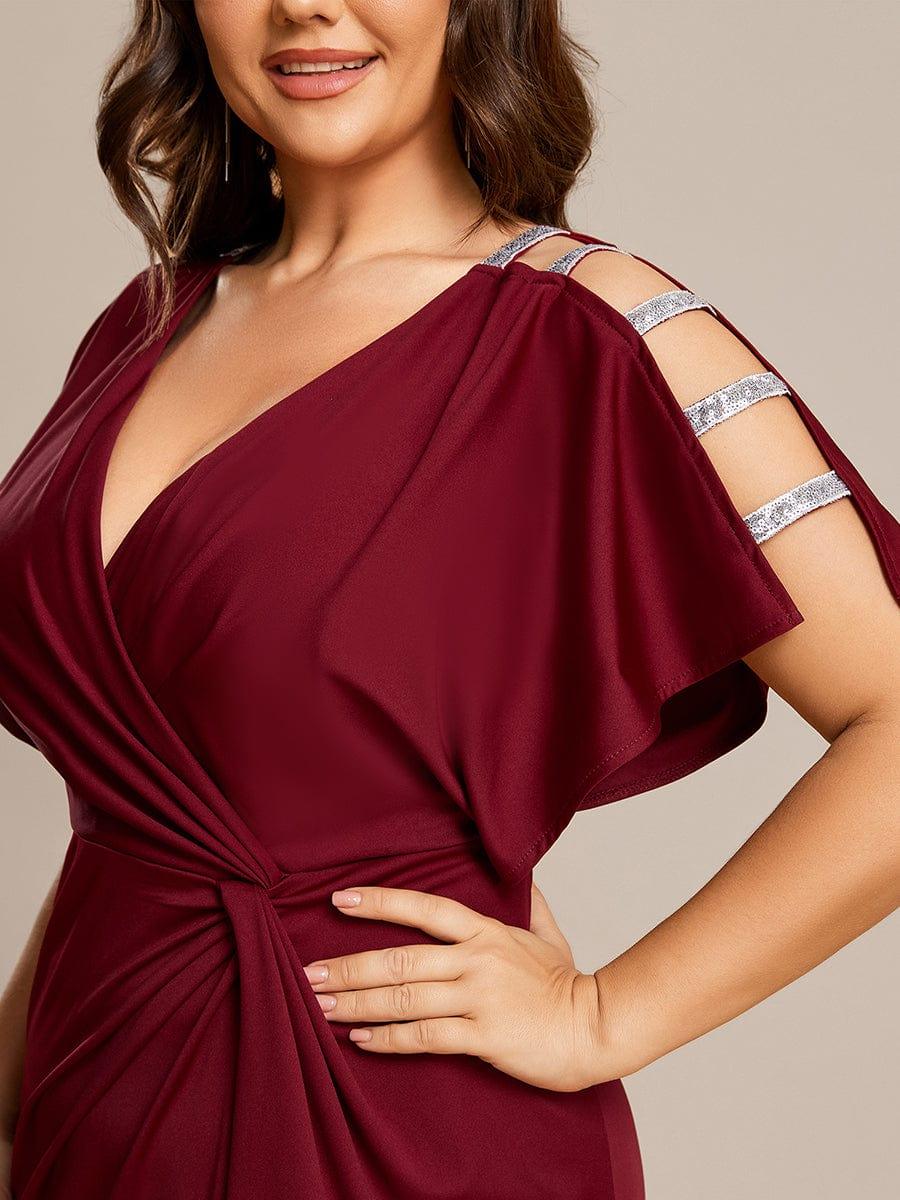 Robe de Soirée Haute Fendue à Manches Paillettes de Grande Taille #Couleur_Bordeaux Robe de Soirée Haute Fendue à Manches Paillettes de Grande Taille
